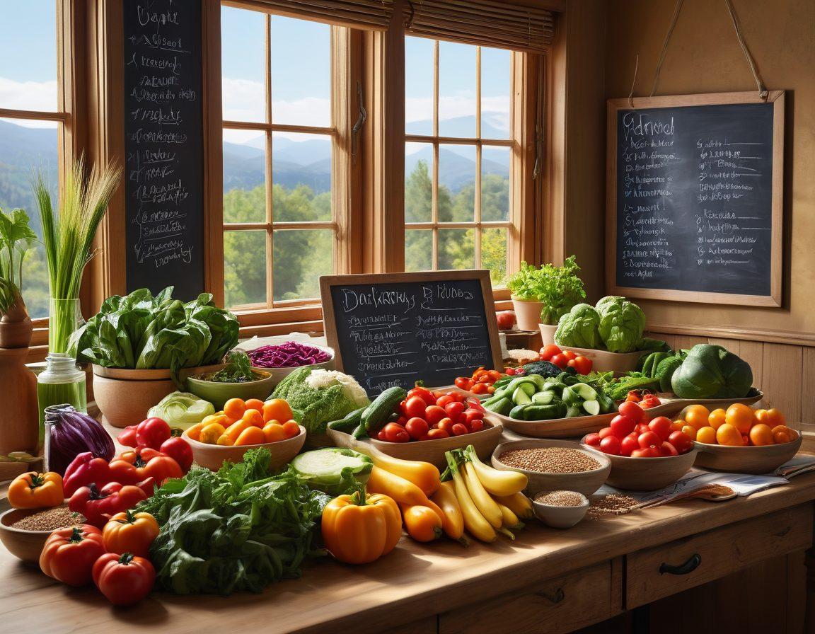 A vibrant kitchen scene showcasing a diverse array of colorful fresh vegetables, whole grains, and lean proteins artfully arranged on a large wooden table. In the background, a chalkboard wall features neatly written weekly meal plans with checkmarks, surrounded by cooking utensils and a cozy, inviting atmosphere. Bright sunlight streams through the window, enhancing the fresh and healthy vibe. super-realistic. vibrant colors. 3D.