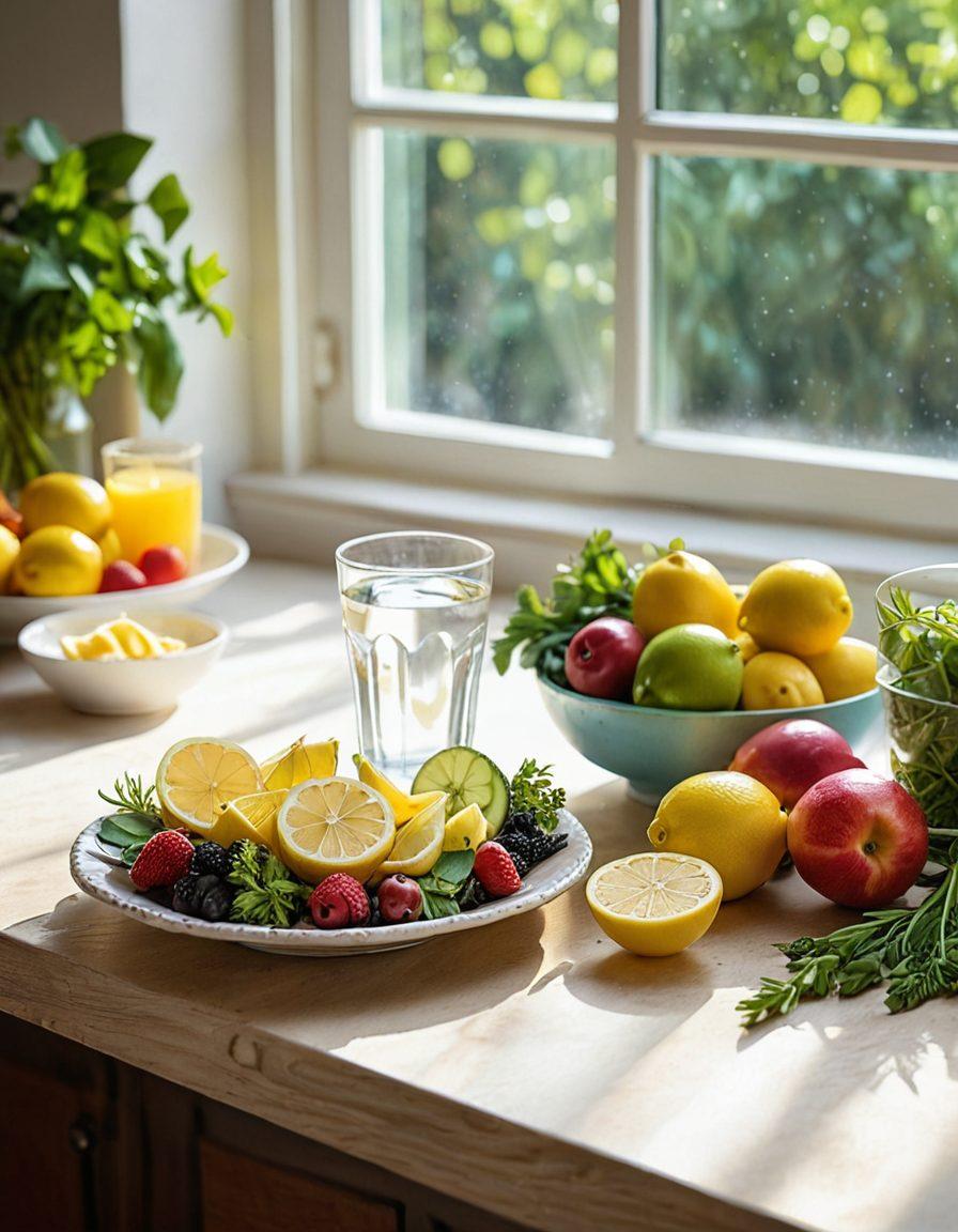 A vibrant table filled with a variety of colorful fruits and vegetables, symbolizing a balanced diet. In the background, a serene kitchen setting with sunlight streaming through a window, creating an inviting atmosphere. Include a plate of a nutritious meal with grains, greens, and lean proteins, showcasing diversity. Visual elements emphasizing health and wellbeing, like a glass of water with lemon slices. watercolor style. vibrant colors.