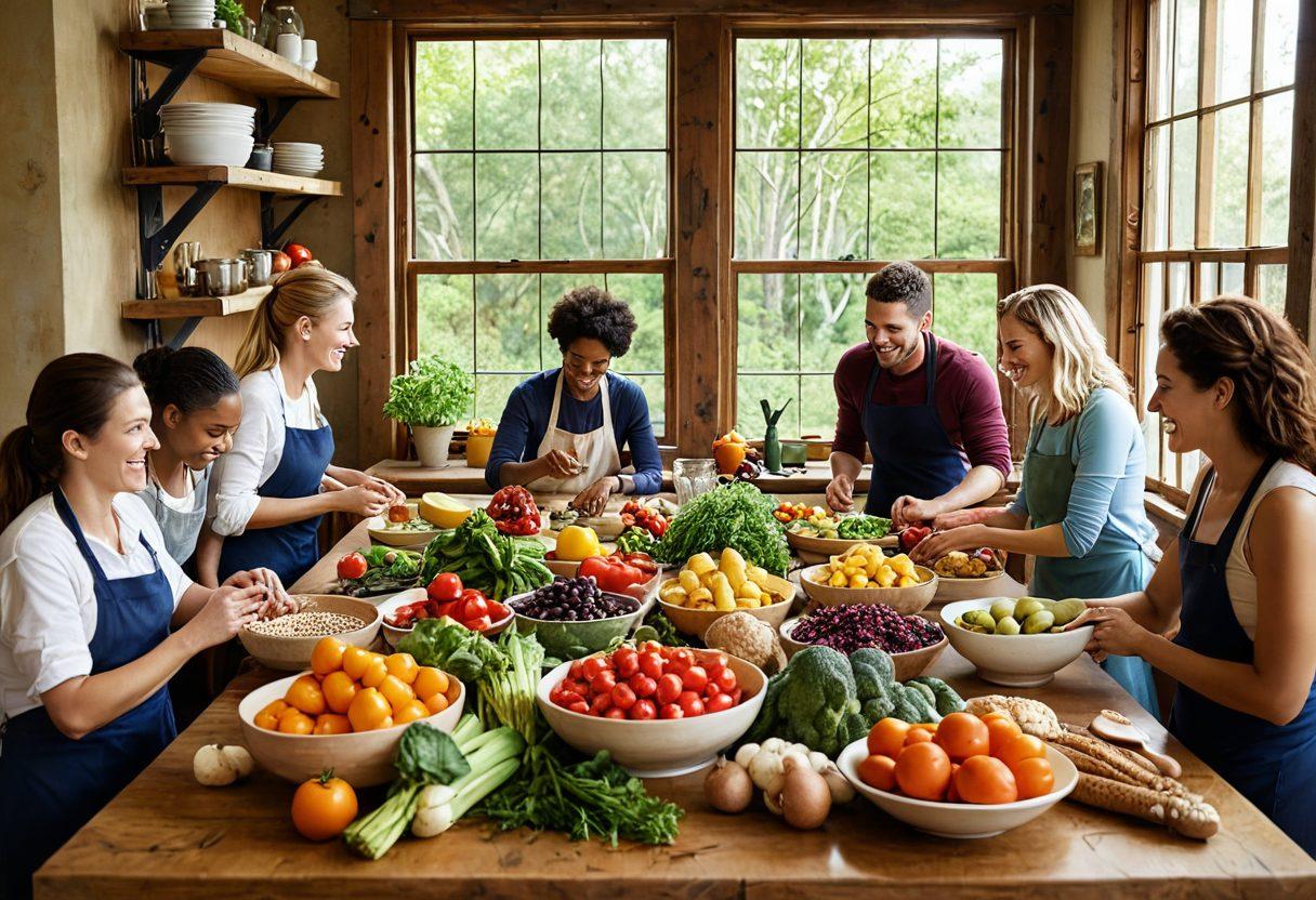A vibrant kitchen scene with fresh organic vegetables, whole grains, and colorful fruits artfully arranged on a wooden table. A diverse group of individuals joyfully cooking together, showcasing various healthy recipes in progress. Bright natural lighting flooding in through large windows, highlighting the concept of sustainability and wellness in their cooking. Super-realistic, vibrant colors, warm atmosphere.
